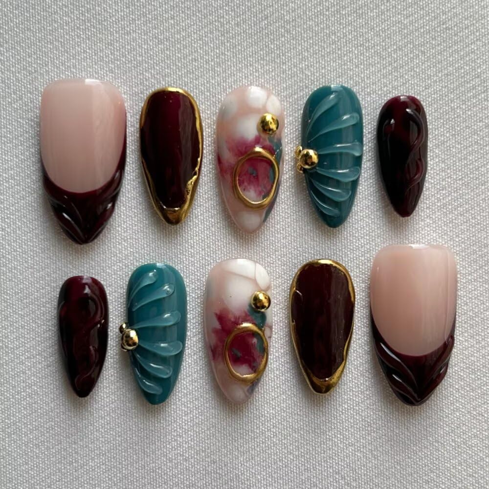 MAGLFELL Fall Press On Nails - Handmade GEL Medium Length Almond Fake Nails, Brown Rendering Painting Design, Reusable Artificial Almond False Nails for Women 10 Pcs Acrylic Nails Kit (Size M)
