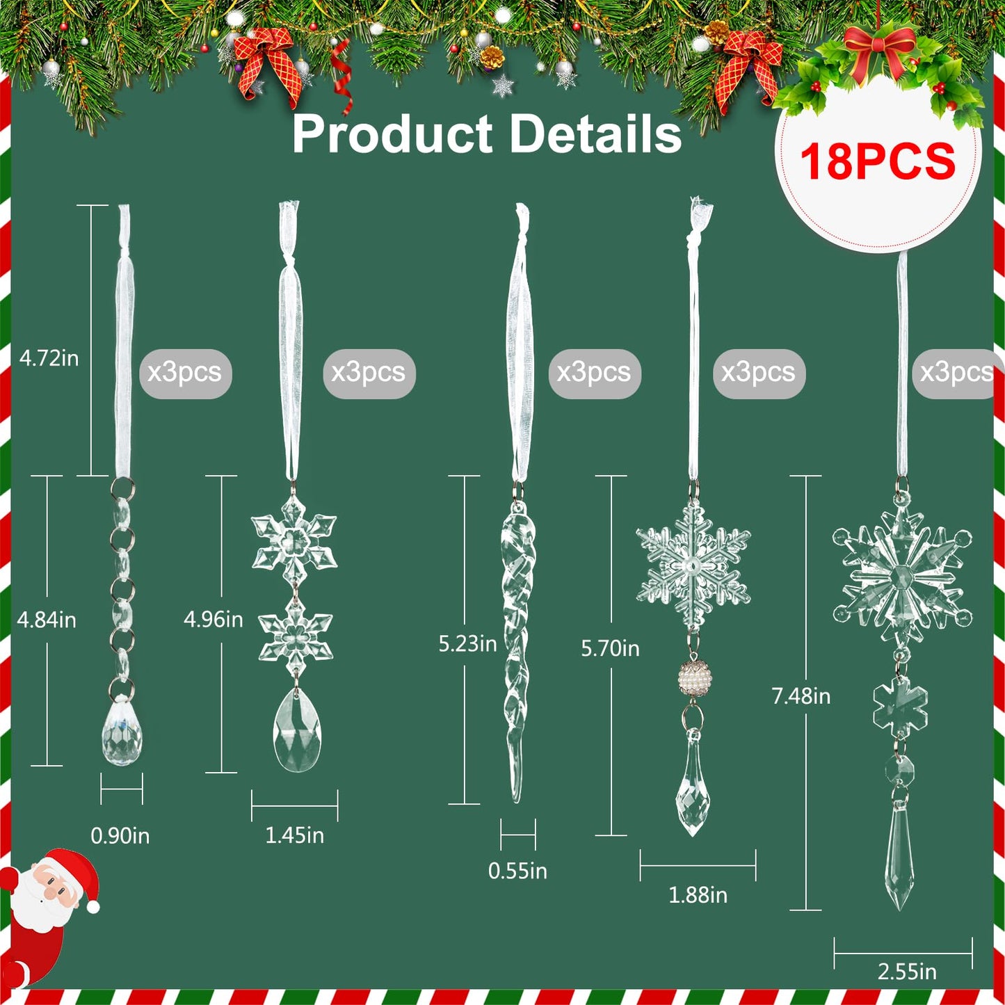 18PCS Crystal Christmas Ornaments for Tree Decorations Hanging Acrylic Christmas Snowflake Icicle Crystal Ornament for Xmas Tree, Winter Holiday Wonderland