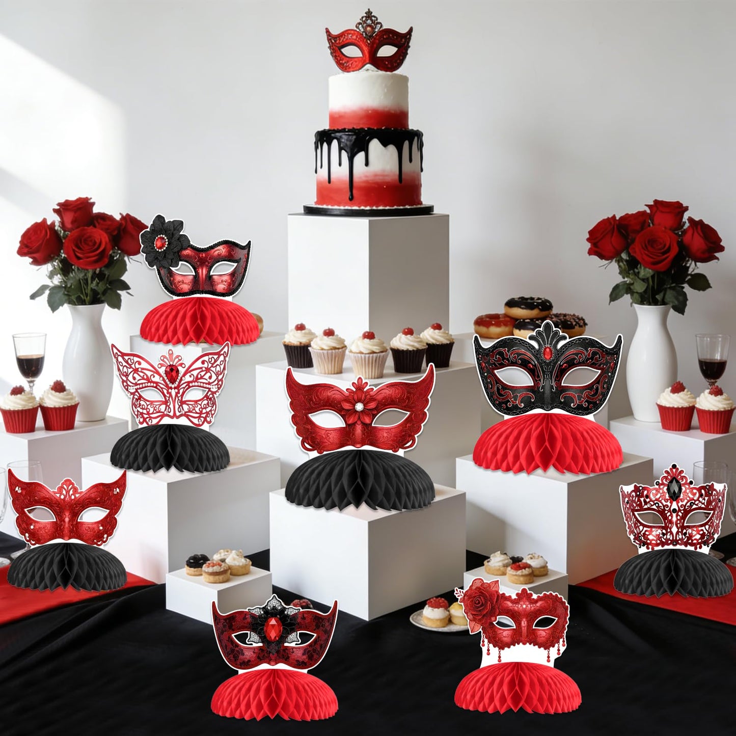 Felivid Red Masquerade Honeycomb Centerpieces Set for Masquerade Party Table Décor Elegant Red Mask Theme Birthday Table Decorations Double-Sided Printed Masquerade Celebration Table Centerpiece Kit