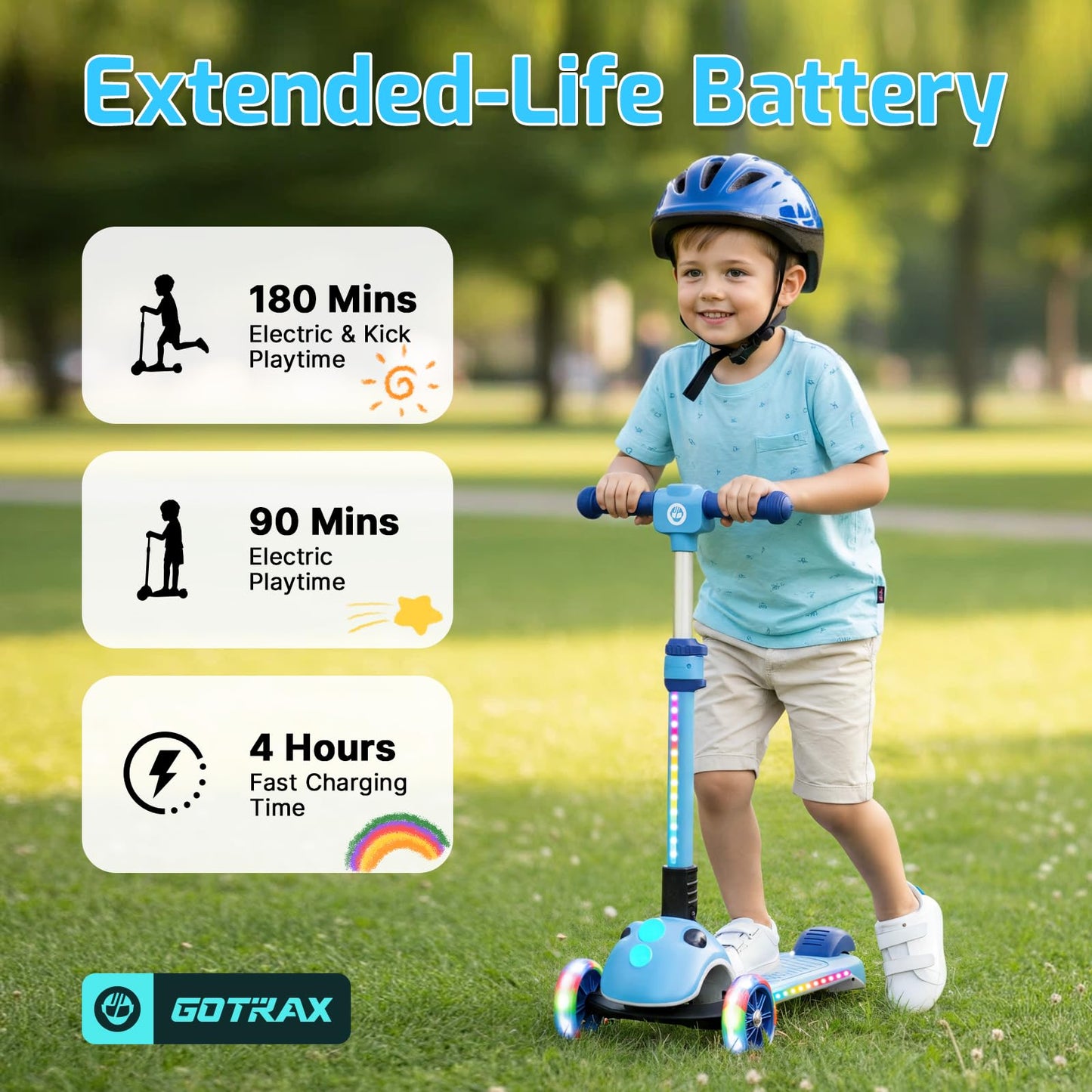 Gotrax SK1 Foldable Electric Scooter for Kids 4+, Full Body LED Light, 90min Riding& 5Mph Speed, Push-Button Throttle&Battery Indicator, 6'' Wheel & 3 Adjustable Height, 3 Wheel Escooter,Gift,Blue
