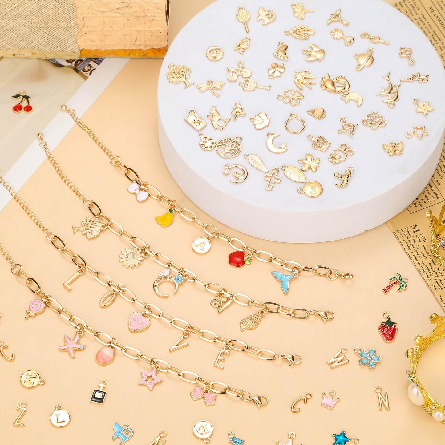 Flasoo 416 Pieces Gold Charm Bracelet Making Kit, Including Paperclip Chain Bracelets, Charms, Jump Rings for Jewelry Making