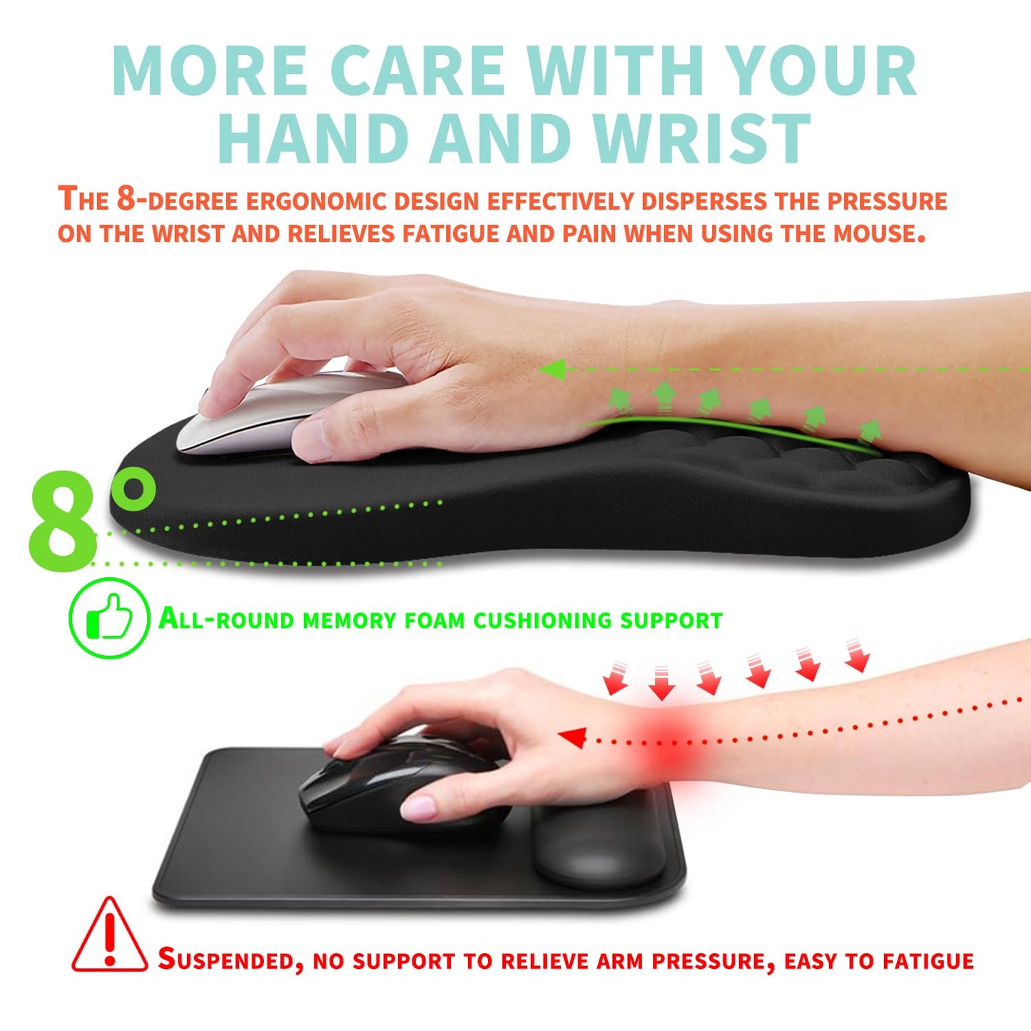 Kuosgm Ergonomic Mouse Pad Wrist Support with Memory Foam Massage Bulge, Carpal Tunnel Pain Relief Mousepad Wrist Rest for Mouse(12x8 inch, Black)