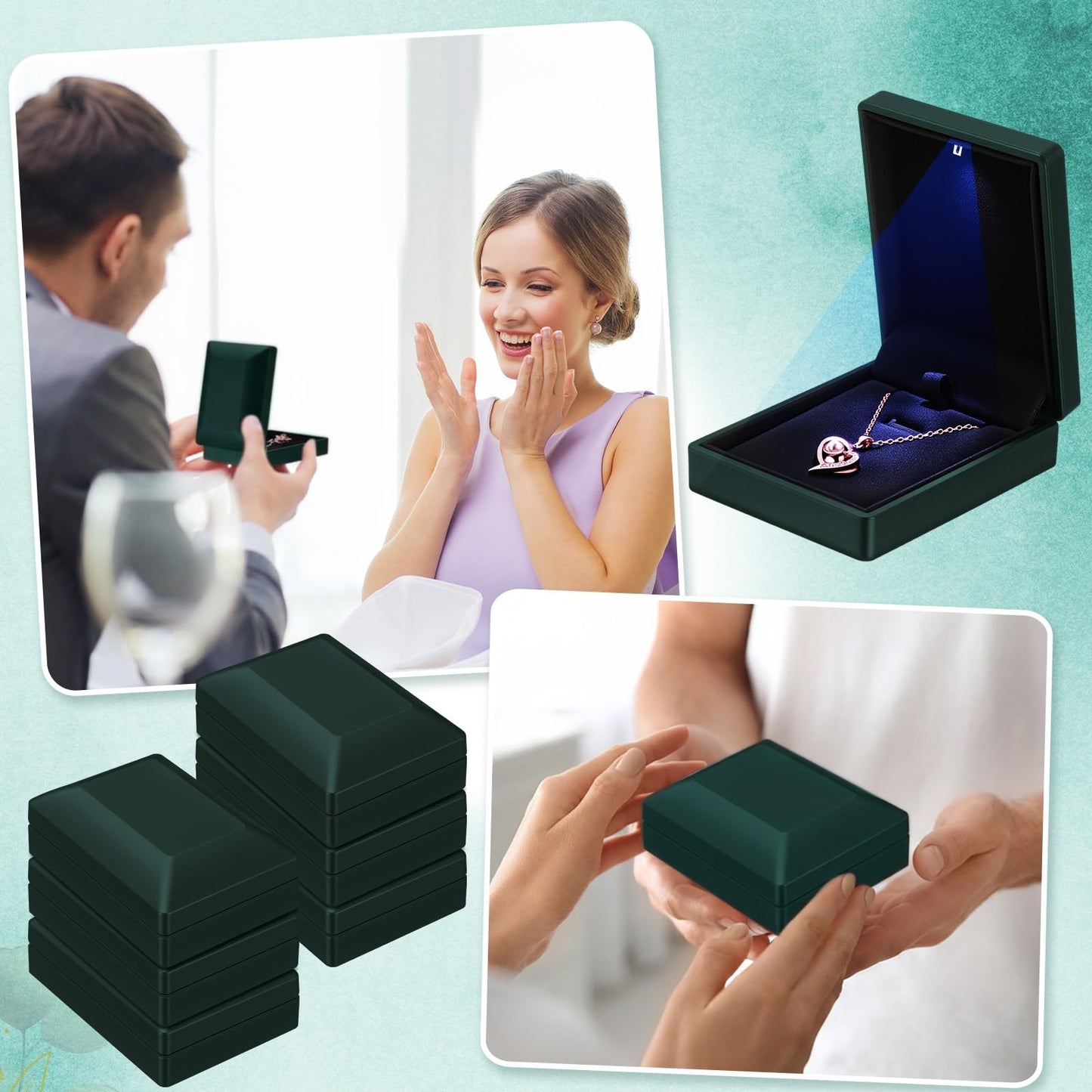 Landical 10 Pcs Pendant Necklace Box with LED Light Velvet Necklace Case for Pendant Bracelet Ring Earring, Jewelry Storage (Dark Green)