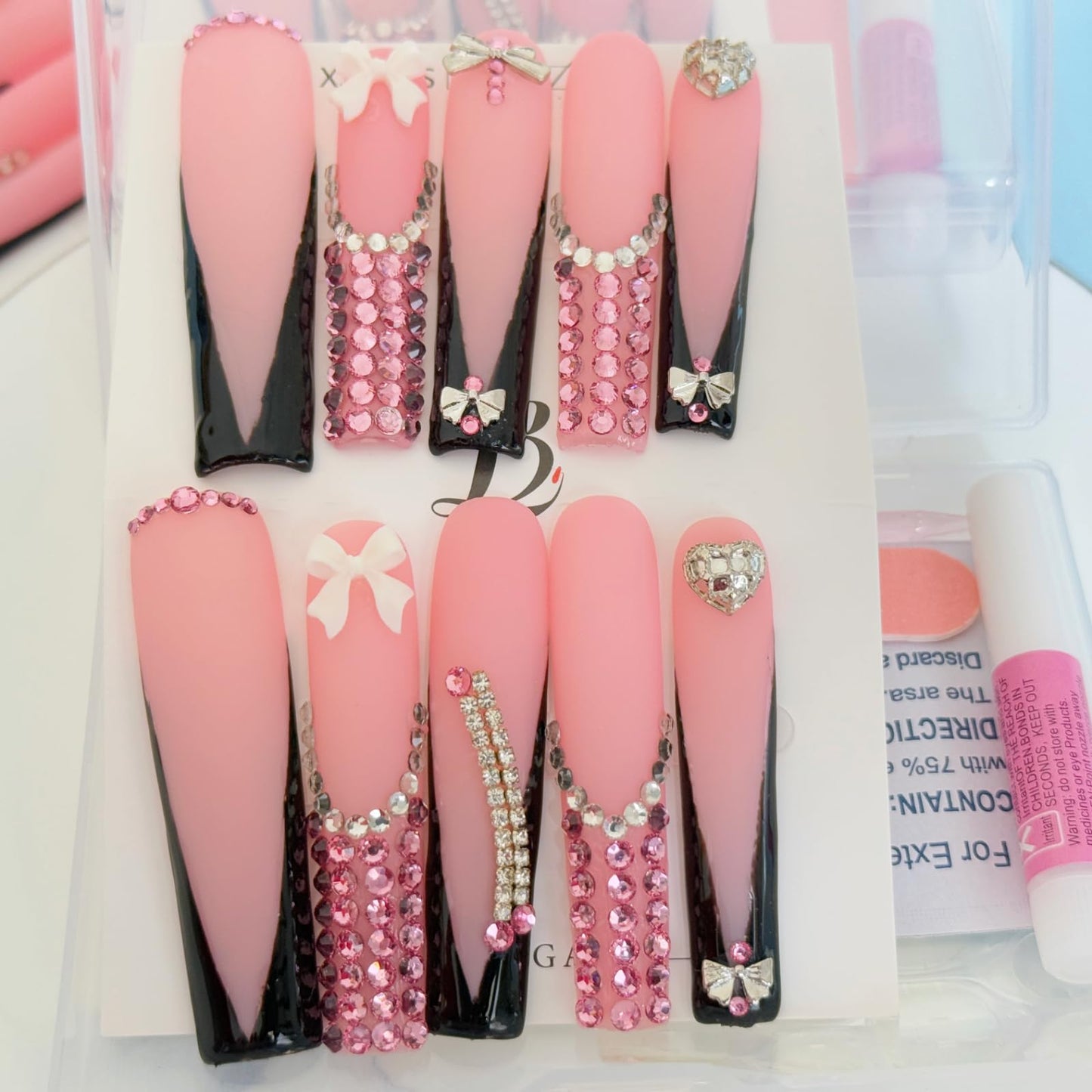 Haozerart Extra Press On Nails Handmade XXL Long Square Press ons Black V French Tip with Bow & Luxury Rhinestones, 10 Pcs M Size Nail Kit for Women