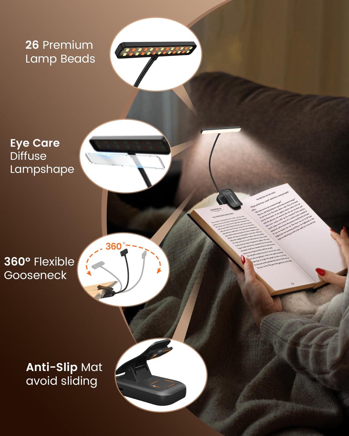 Glocusent 26 LED Book Light, 1200 mAh 90 Hrs Lasting Rechargeable Reading Light, 5 Amber Colors & Stepless Dimming Book Reading Light - Portable Clip on Light for Book Lovers Kids