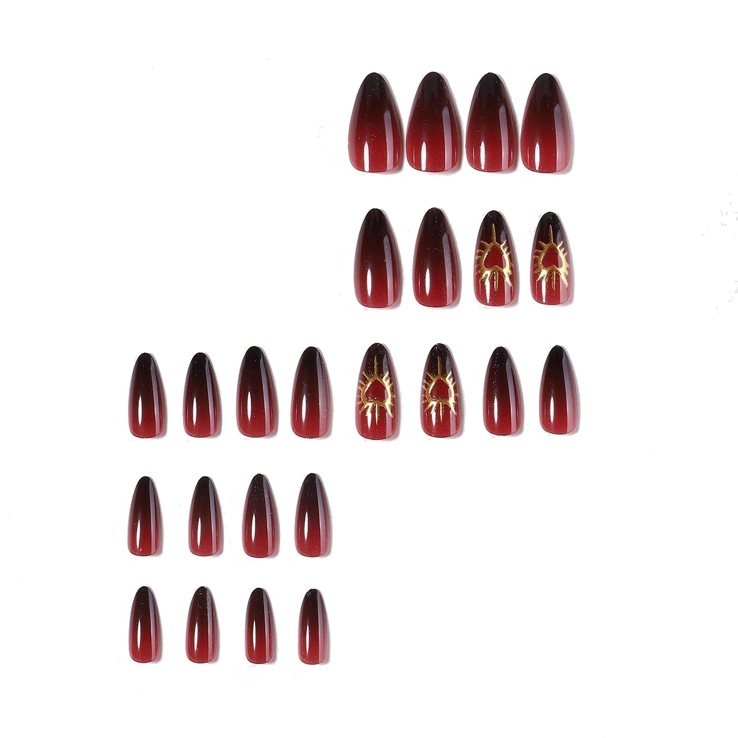 MERVF 24Pcs Medium Almond Press on Black Red Ombre French Tip Fake Nails with Gold Heart, Solid Color Design Glue ons Acrylic Glossy Finish Manicure
