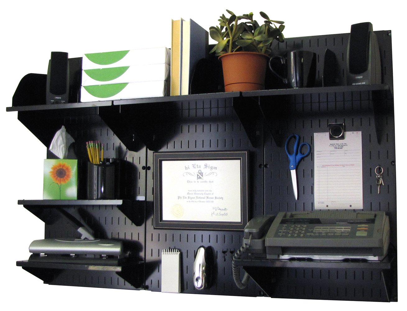 Wall Control Office Organizer Unit Wall Mounted Office Desk Storage and Organization Kit Black Wallboards and Black Accessories