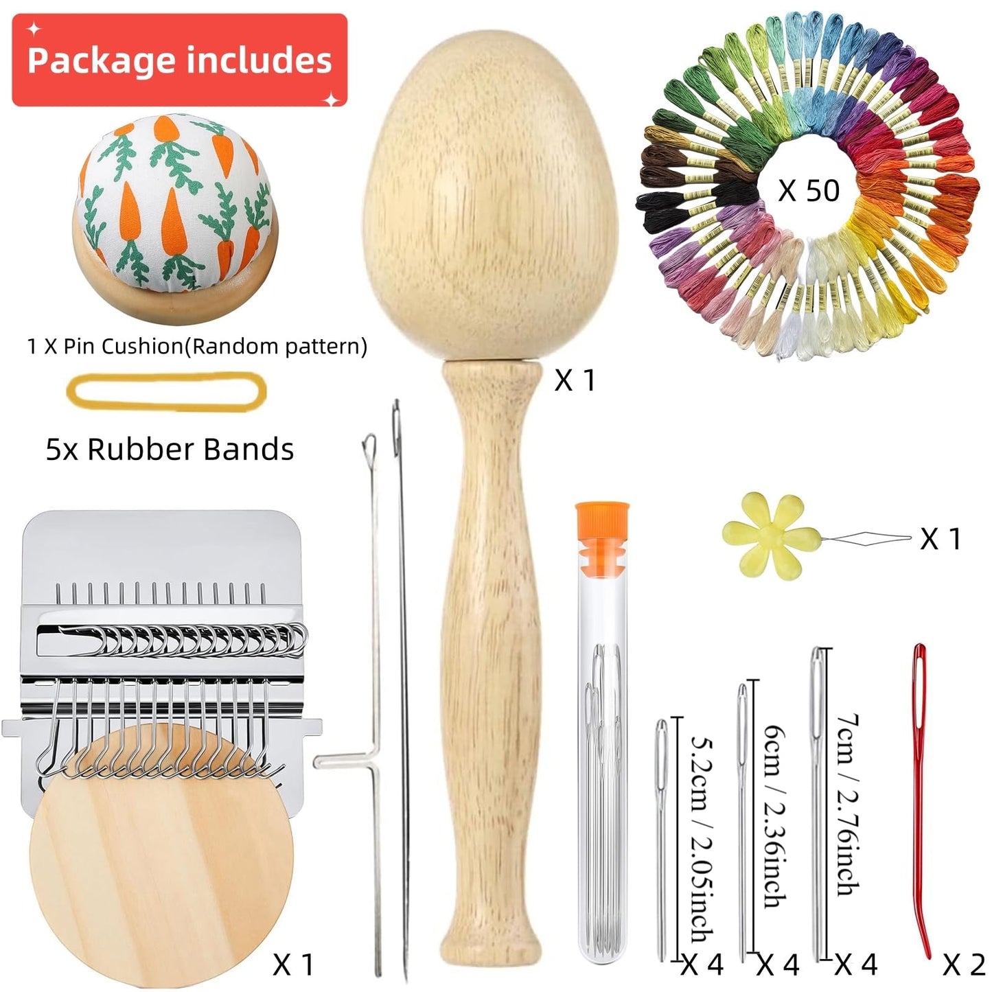Darning Egg - Mini Darning Loom, Darning Egg Weaving Tool Set with Small Weaving Loom Kit with 14 Pcs Large Eye Needles 50 Colors Darning Thread for Handcraft DIY Weaving Repair Tool