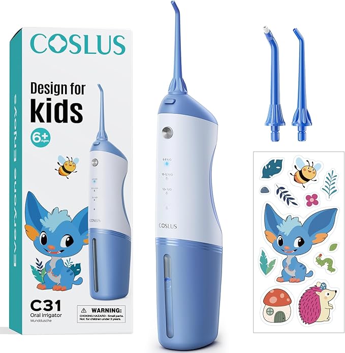 COSLUS Cordless Water Flosser for Kids, Cute Water Dental Pick for Teeth, Braces, Gums Care - 4 Modes for Users Ages 6+, Safe & Gentle, Rechargeable, Waterproof, Portable for Travel, Blue White, C31