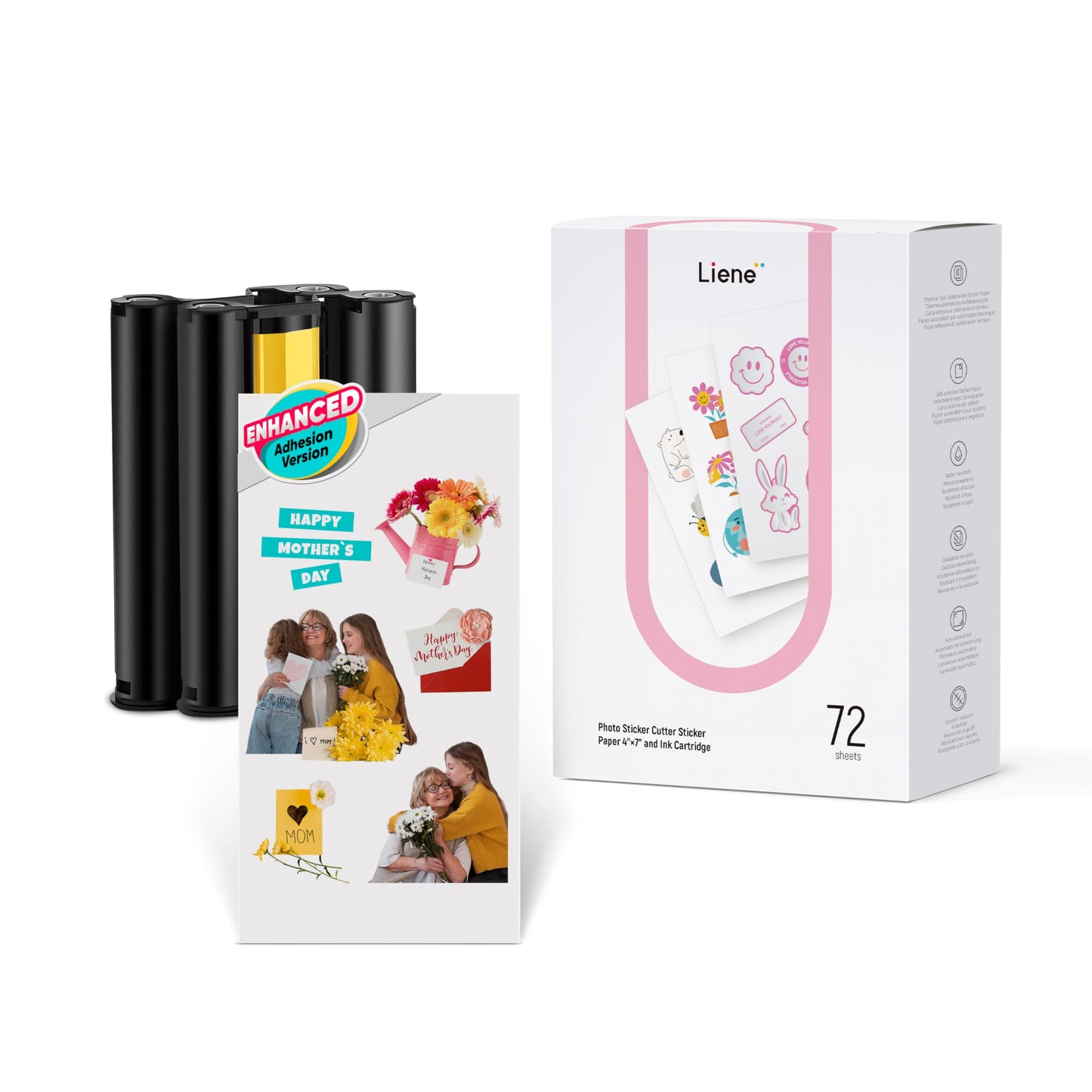 Liene Sticker Paper & Cartridge (Enhanced Adhesion Version) - Includes 2 Ink Cartridge Refills & 72 Sheets of 4x7" Printable Sticker Paper, Dye Sublimation, Compatible Only with Liene PixCut S1