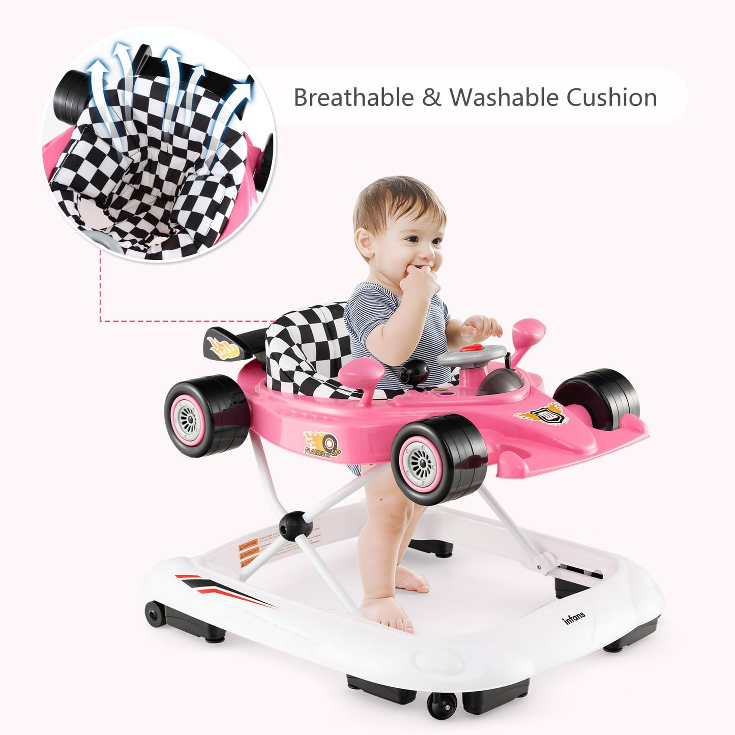 INFANS Foldable Baby Walker, 3 in 1 Toddler Activity Center Leaning-Seated Walk-Behind with Steering Wheel, Adjustable Height, Lights, Music, Washable Seat Cushion (Pink)