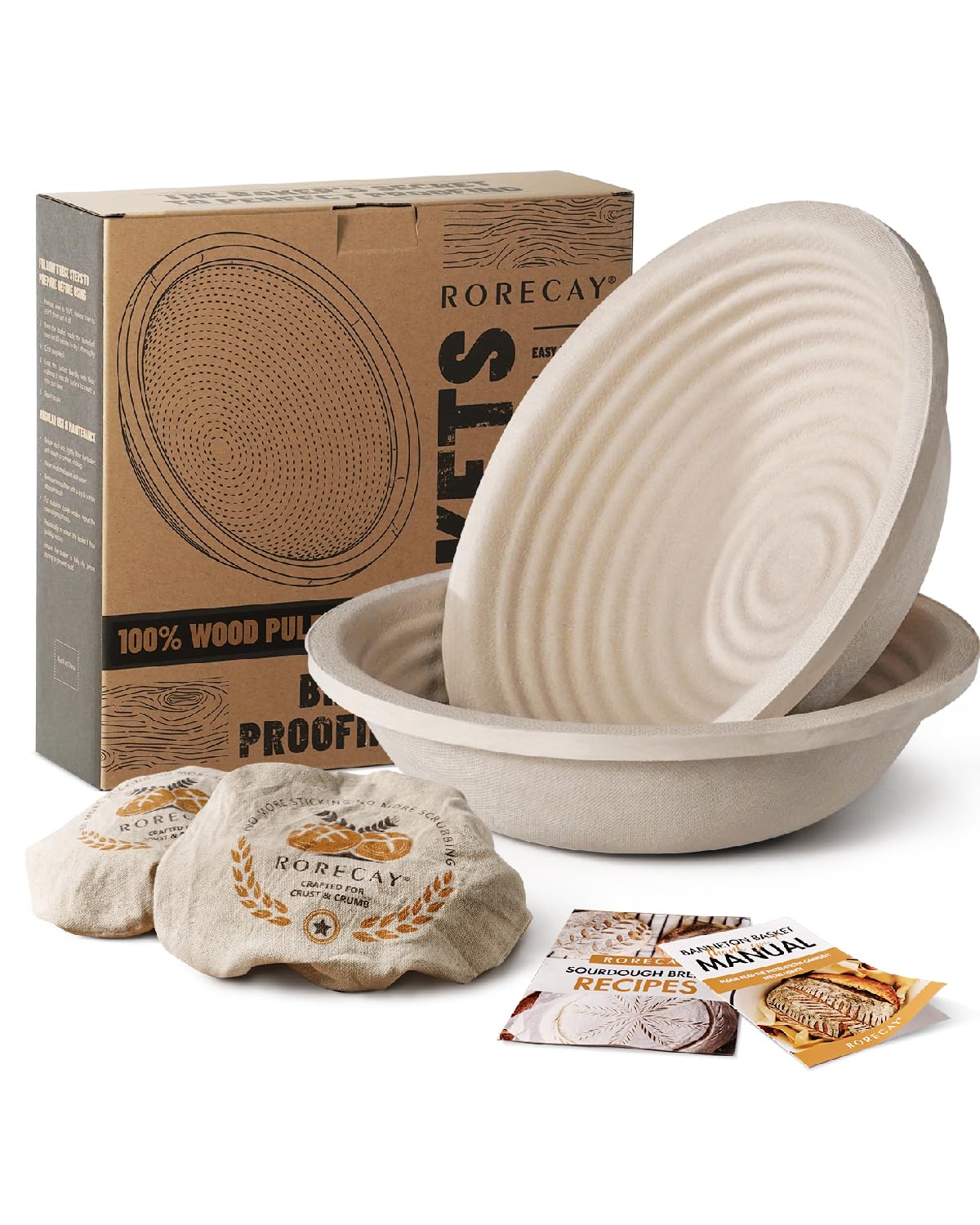 Wood Pulp Banneton Bread Proofing Baskets Set of 2, 9 Inch Round 2.2LB Sourdough Banneton Basket with Liner, Non-Stick Dough Proofing Bowl for Rising and Baking