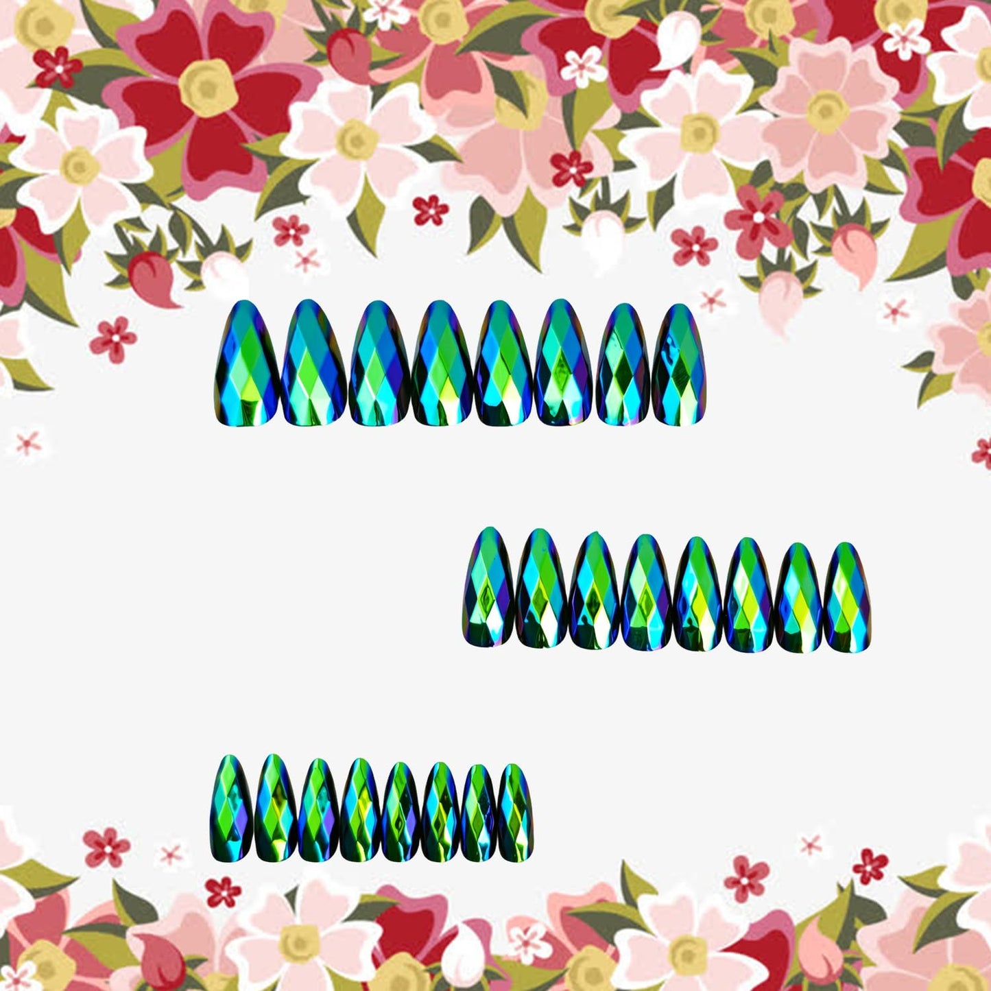 Green Press on Nails Medium Length Artificial Acrylic 3D Gradient Rainbow Diamond-Shaped Electroplating Fake Nails Almond Chrome Full Cover Glossy Press Ons Artificial Fingernails for Women Manicure