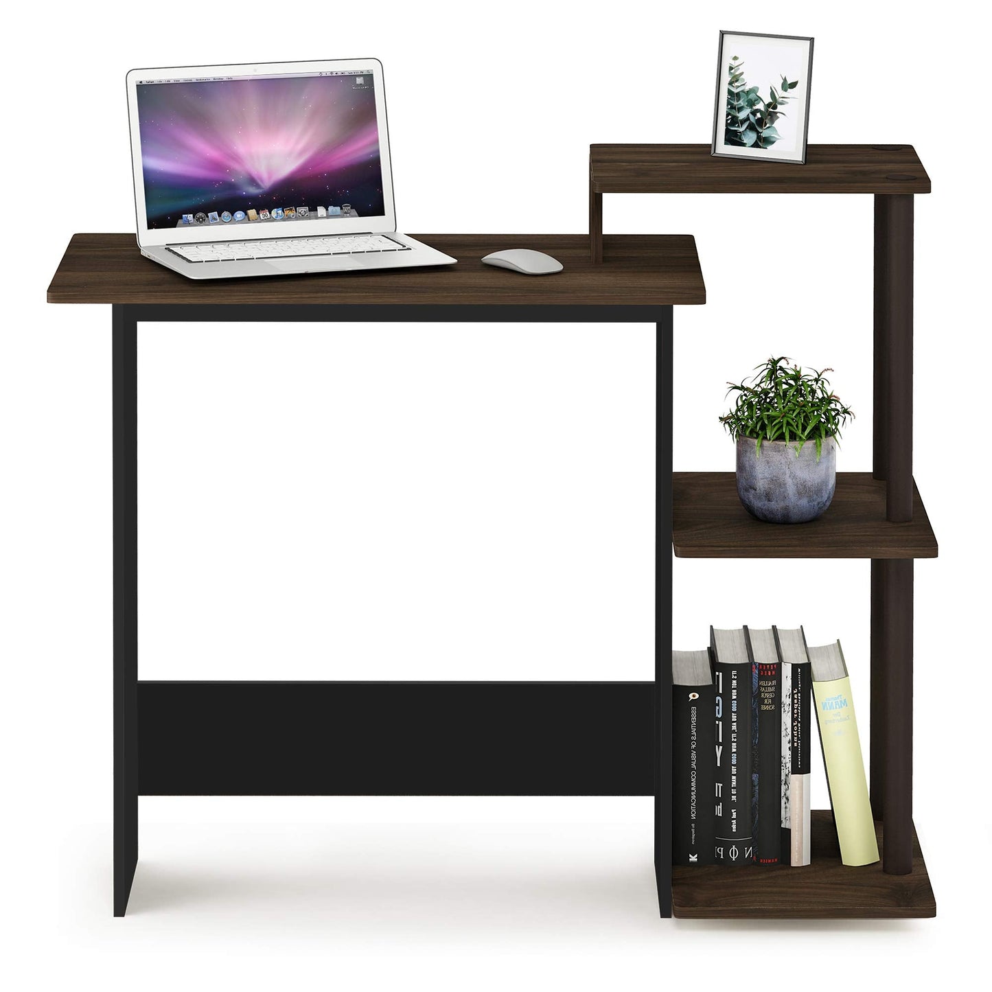 Furinno EFFICIENT Desk, 28.6" Wide Gaming Desk with 3 Open Side Shelves, Laptop Notebook Computer Desk, Office Desk for Home Office, Study Room, Dorm, Bedroom, Columbia Walnut