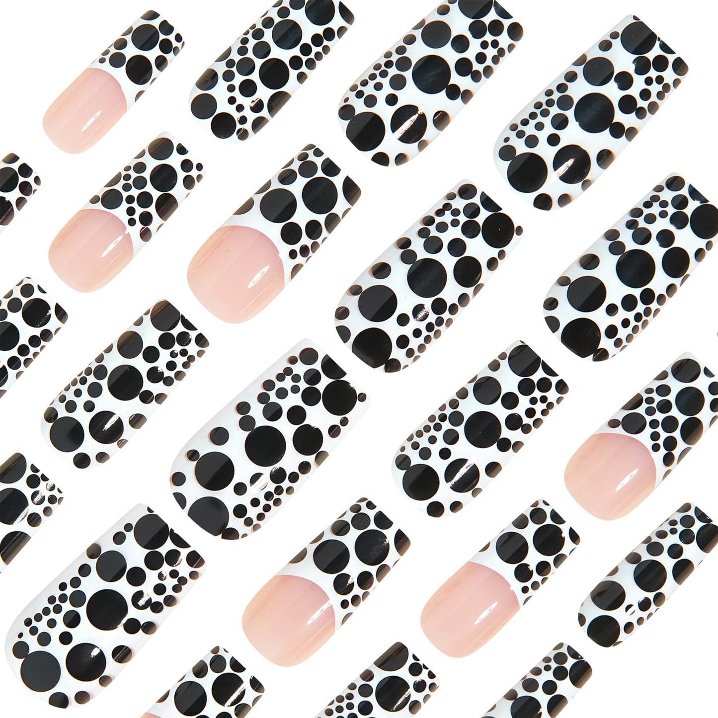 IMRAIN Press on Nails Long Square Fake Nails Glossy French Tips False Nails with Black Polka Dot Design Full Cover Glue on Nails for Women