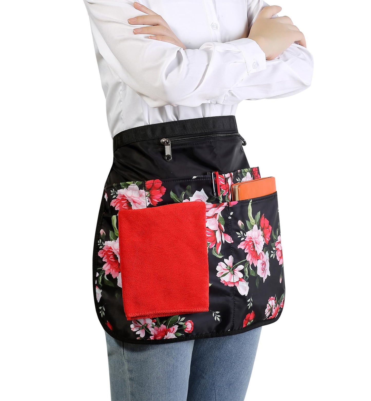 Bafelia Waterproof Server Apron for Women with 7 Pockets,Quickly Put on and Take off Waitress Aprons,Peony Work Apron for Bartender Barista