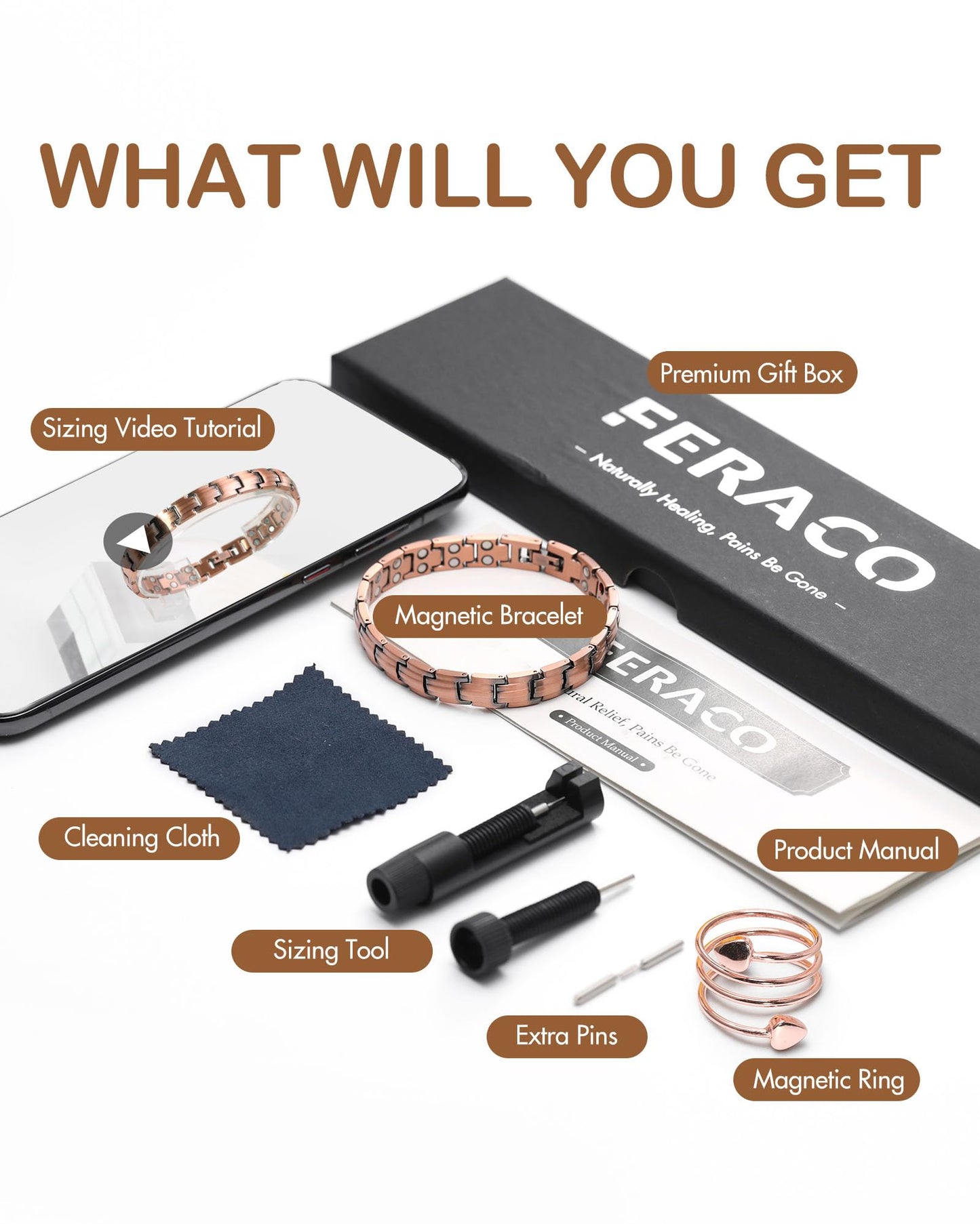 Feraco Copper Bracelets & Ring for Women, 2X Ultra Strength Magnetic Bracelet with 3500 Gauss Magnets, Adjustable with Sizing Tool, 99.99% Pure Copper Jewelry