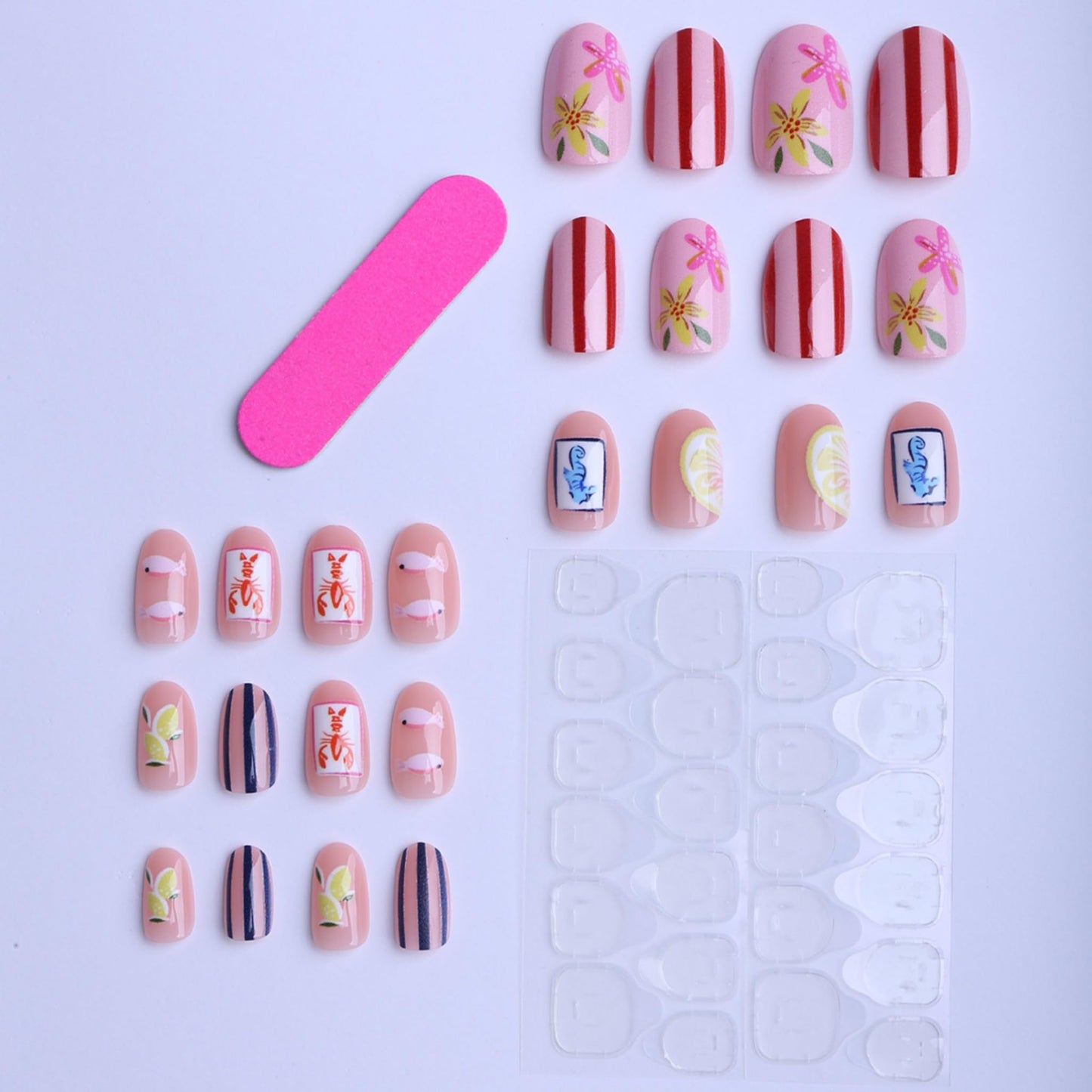 Short Press on Nails Almond Fake Nails Multicolor Artificial Nail Lemon Flower Stripe Pattern Summer Fruit Mediterranean Glossy Stick on Nail for Women 24pcs