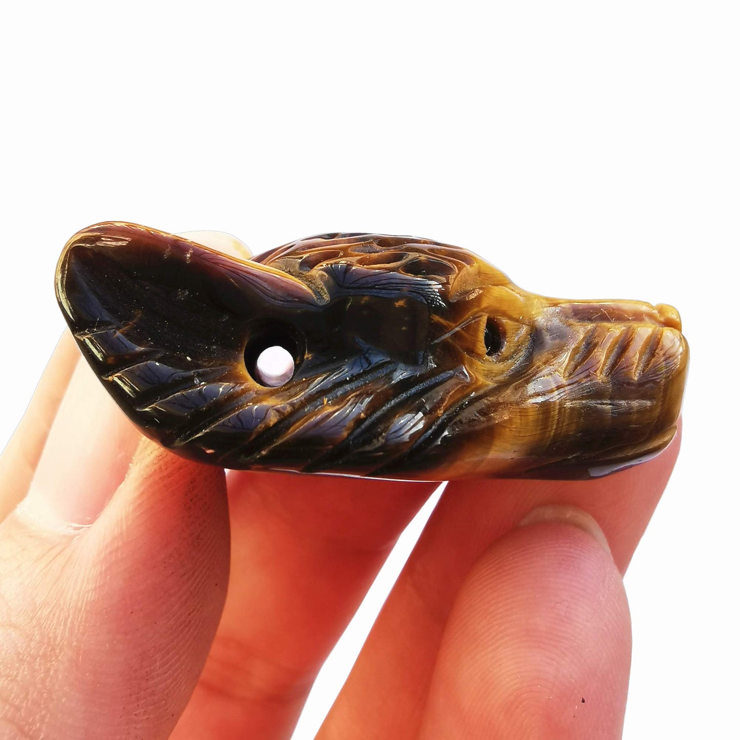 Bacatgem Natural Tiger's Eye 1.57 inchs Wolf Head Pocket Crystals and Healing Stone Figurine,Haped DIY-Jewelry Pendant