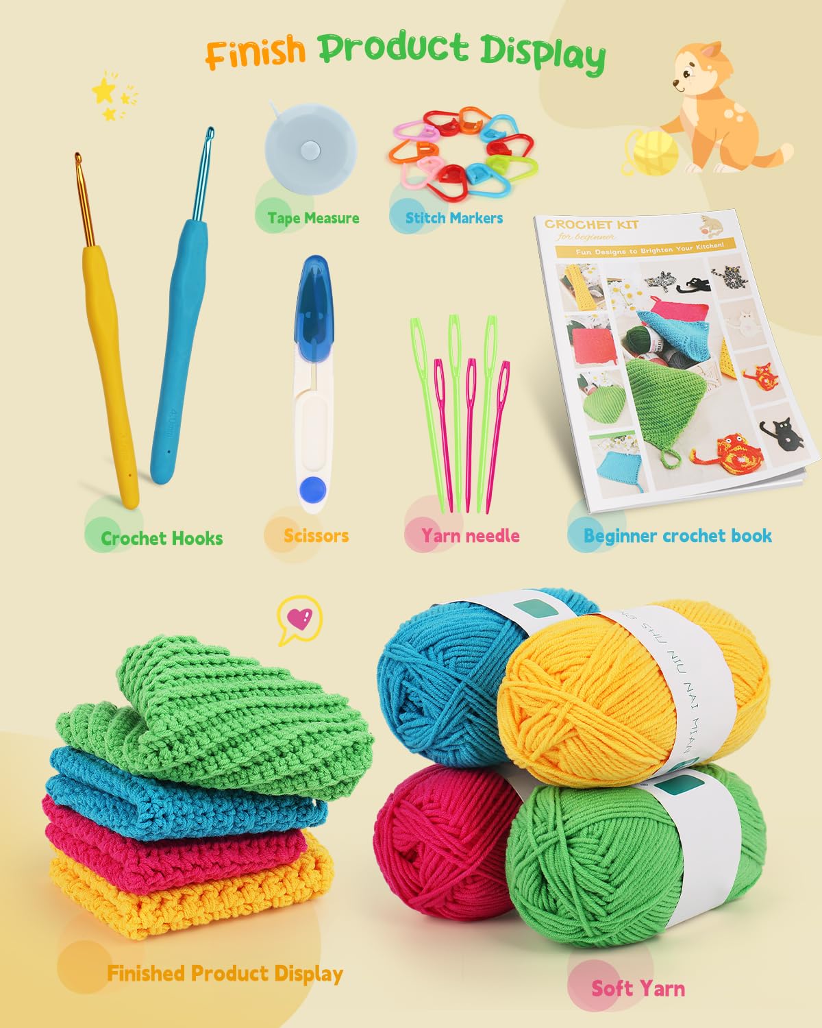 Katech Crochet Kit for Beginner Adults, Dishcloth Beginner Crochet Kit for Adults Learn to Crochet, Crochet Starter Kit Contain Detail Instruction Soft Yarn and Crochet Hook Supplies