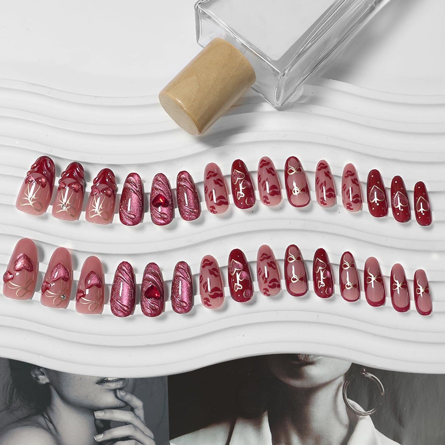 VOTACOS Cat Eye Red Press on Nails Almond Medium Y2K French Tip Acrylic Fake Nails Press Ons with Designs 3D Cherry Heart Bow Glue on Nail for Women 24PCS Reusable Artificial Stick on False Nail