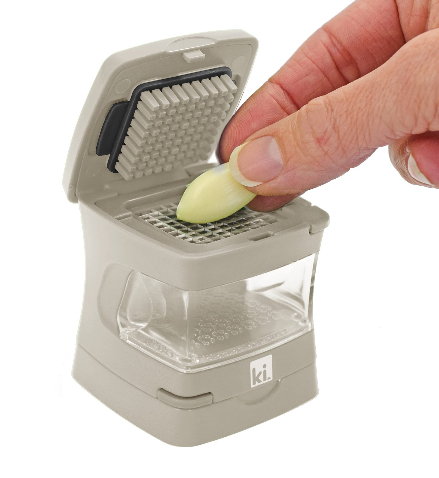 Kitchen Innovations Garlic-A-Peel Garlic Press, Crusher, Cutter, Mincer, and Storage Container - Includes Silicone Garlic Peeler - Easy to Clean - Stainless Steel Blades – (Cream), standard
