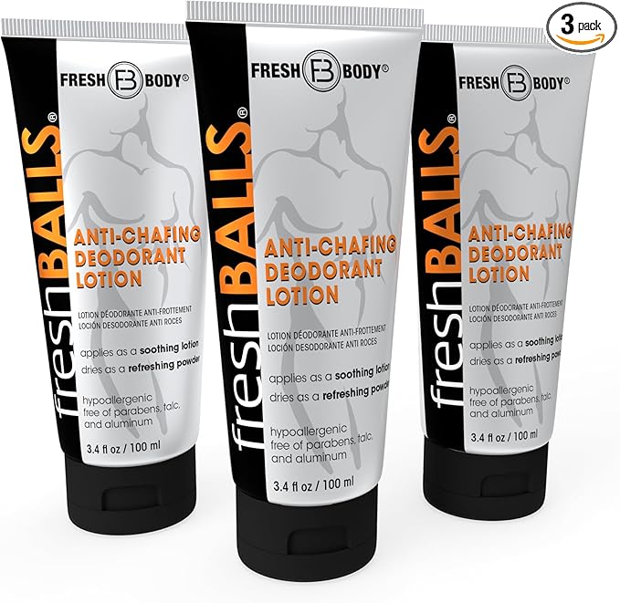 Fresh BALLS Lotion - Anti-Chafing Men's Soothing Cream to Powder Deodorant and Hygiene for Groin Area, 3.4 fl oz (Pack of 3)