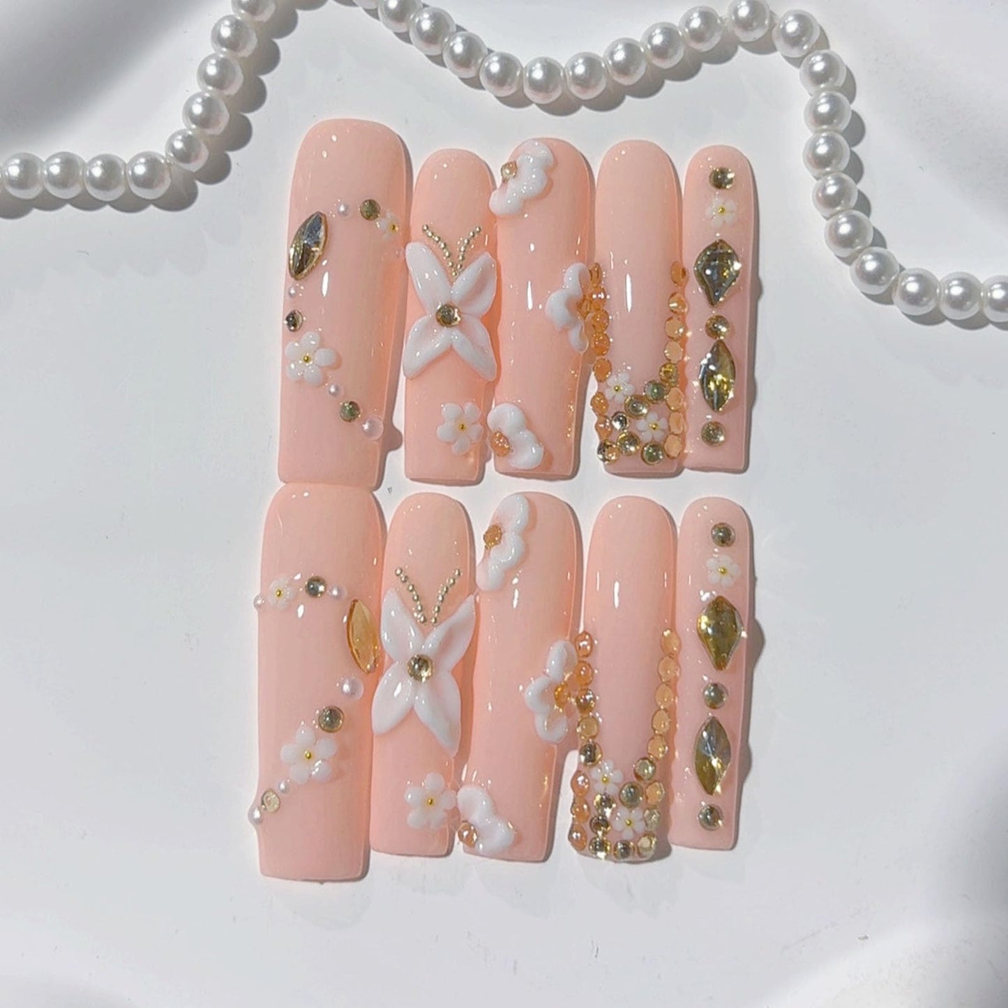 10 Pcs Extra Long Handmade Press on Nails Square Fake Nails with 3D Flowers Rhinestones Charms Curve Design Pink Acrylic False Nails Long Press Ons Nails for Women Wedding Party Manicure - M Size