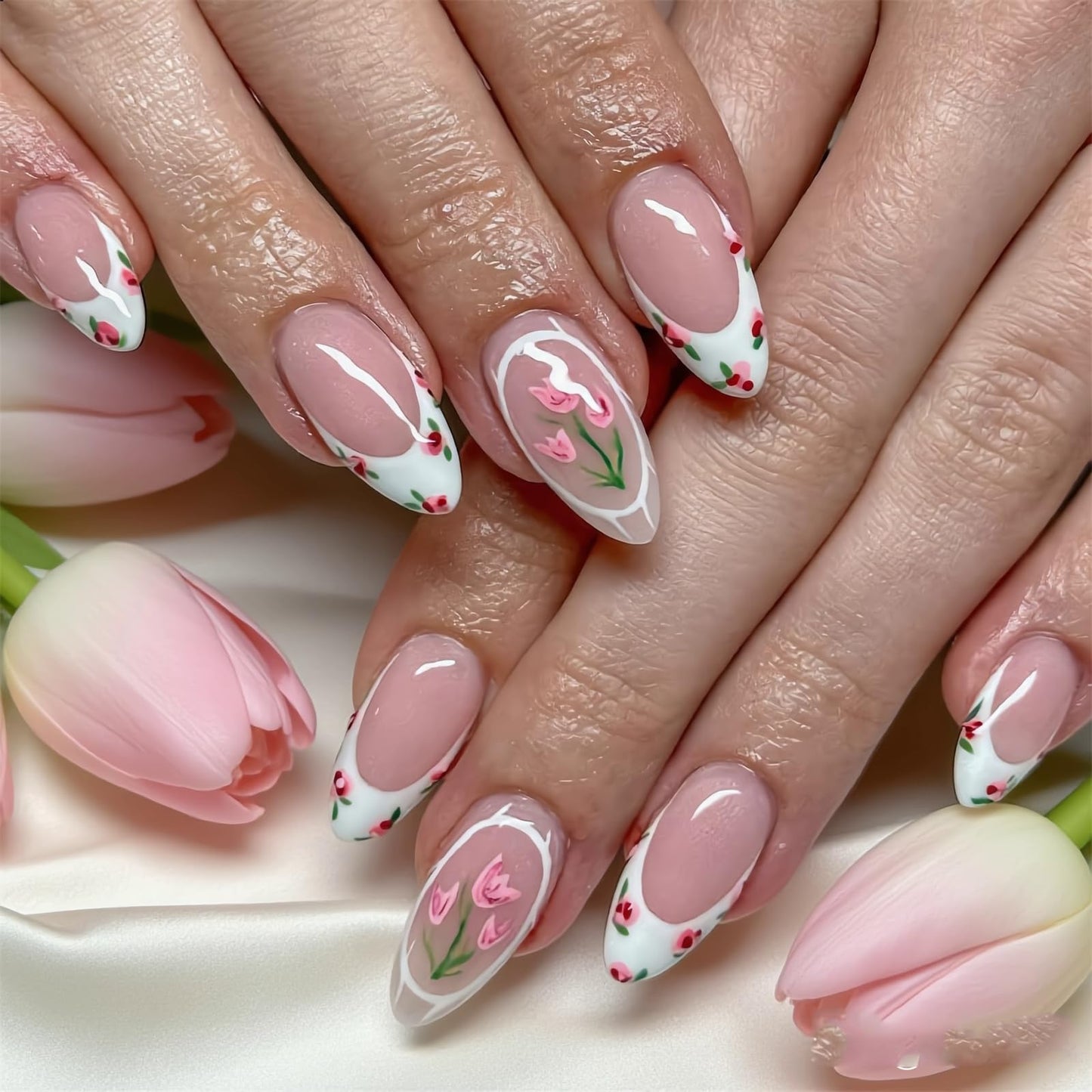 Press On Nails, French Tip Short Pointed Almond Fake Nails with UV Finish, 12 Sizes Quality False Nails, 24Pcs Reusable Press-On Manicure Set with Nail Glue for Women Pattern #01