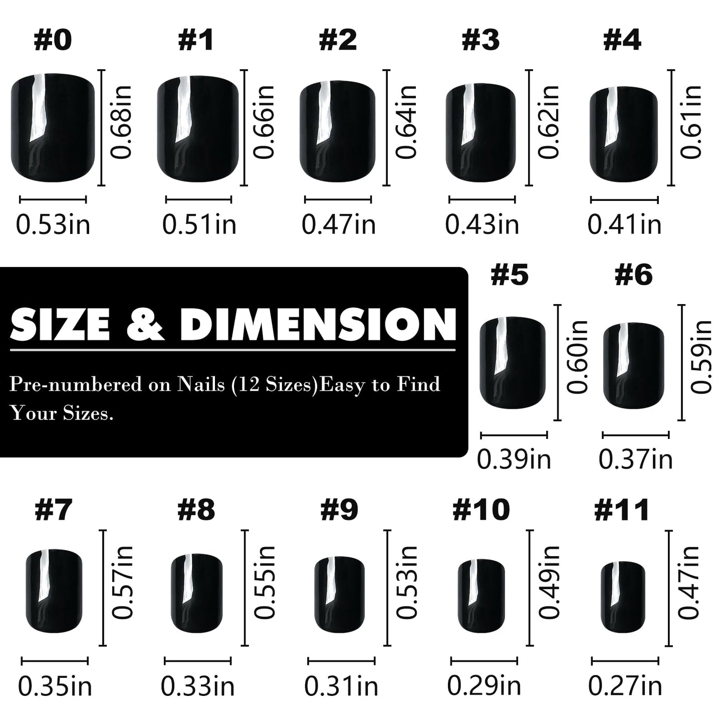 LuckForever Short Press on Nails 240pc Glossy Black Press on Nails Short Square Round Fake Nails Full Cover 10 Sheets Nail Adhesive Tabs,Small Wooden Sticks and Nail Files False Nails for Women