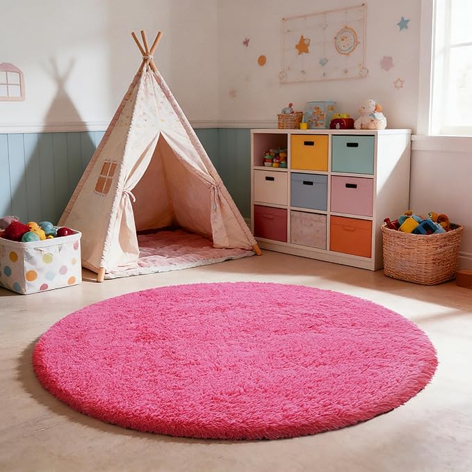 yulidayang Fluffy Round Area Rugs for Bedroom,Hot Pink 5'X5'Shag Circle Area Rugs for Living Room,Non Slip Fuzzy Plush Rug for Kids Room Boys Girls Room and Dorm