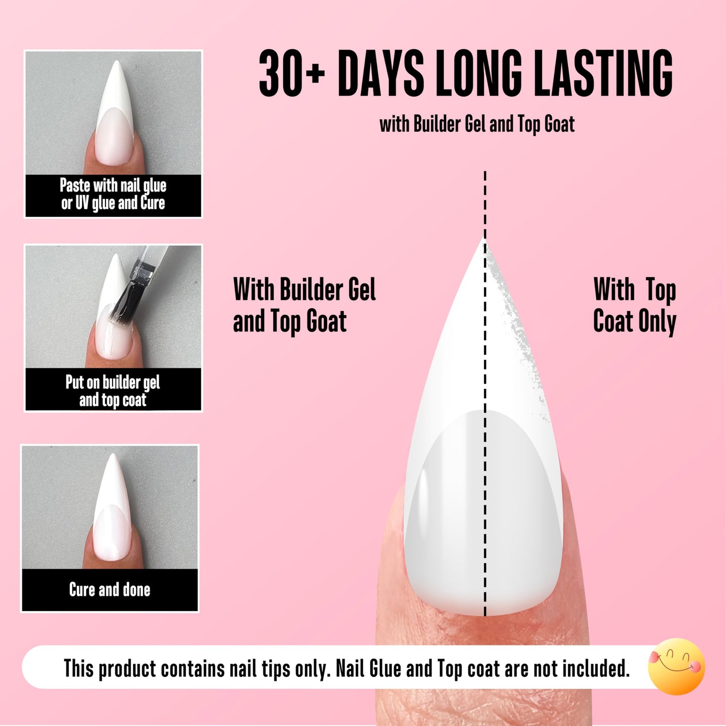 NOVO OVO Medium Long Sharp Stiletto Nail Tips (White French Tip) -Milky White Nude Soft Gel Press Ons, Pre-Designed Full Cover Fake Nails for Instant Salon Manicure, 16 Sizes (160 Pcs)