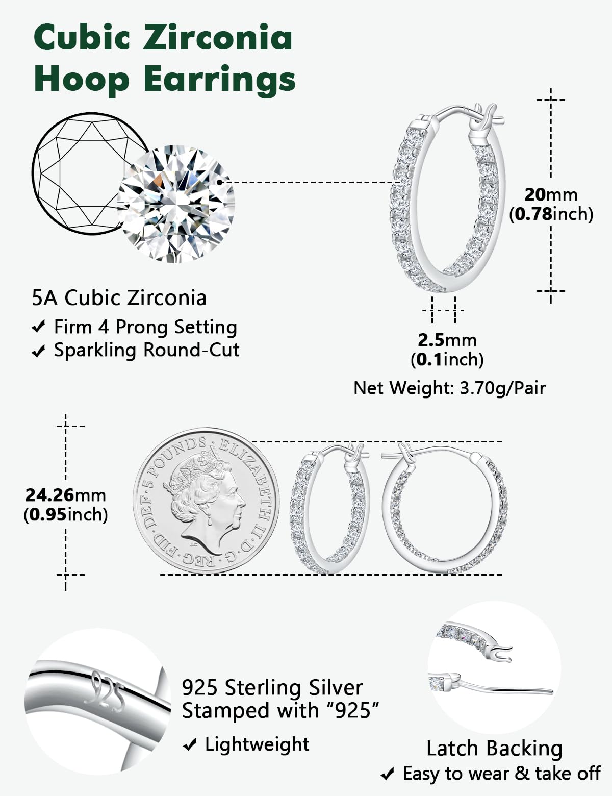 RANDES 925 Sterling Silver Hoop Earrings 20mm Cubic Zirconia Cz Earring Hoops for Women Trendy 2.5 Carat Round Cubic Zirconia Wedding Earrings