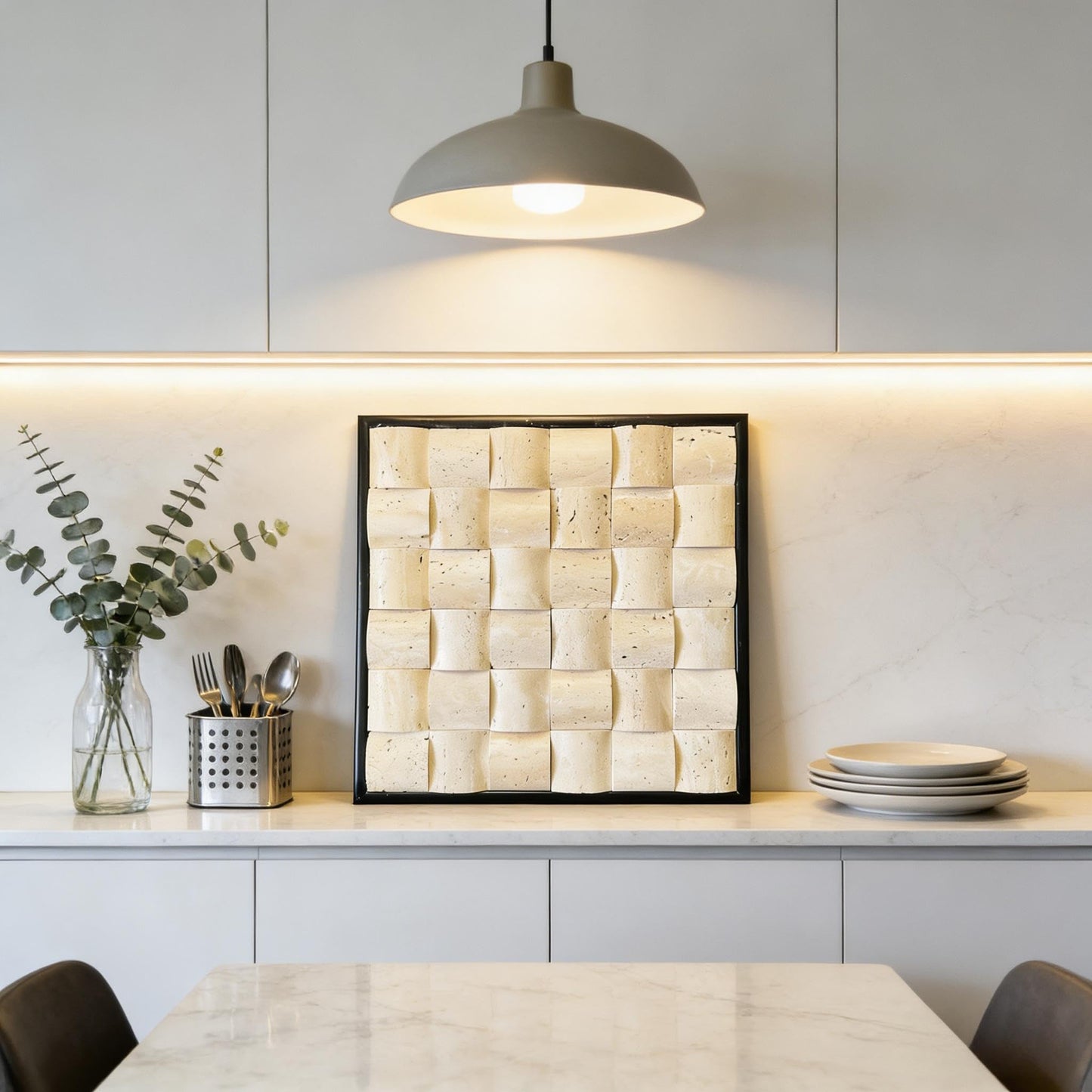 SIRIZEN-DIVING 3D Decorative Travertine Wall Art, Natural Stone Mosaic,Black Frame, Marble Decor, Marble Painting (Beige)