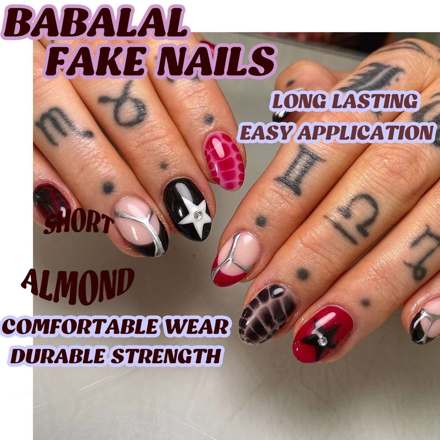 BABALAL Goth Press on Short Artificial Nails 24pcs Acrylic French Tip, Black Red, Y2k Star, Silver Chrome, 24Pcs Glossy Full Cover Oval False Nails for Women Girls