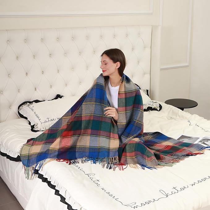 Throw Blanket Plaid with Carry Bag | Soft Wool Travel Blanket 55"x83" 1.5lbs | Navy Red Plaid Decorative Throw for Couch, Camping & Gift