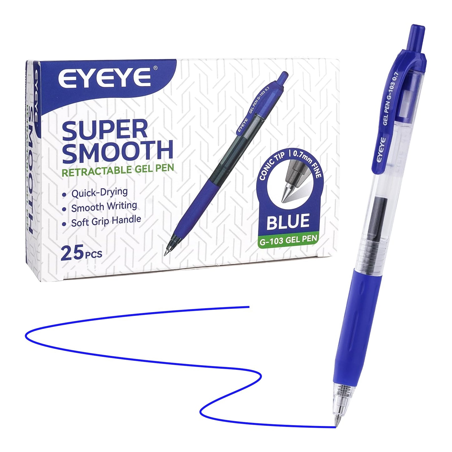 EYEYE G-103 Retractable Gel Pens 0.7mm, 25 Pack 0.7 mm Blue Ink Medium Point Ballpoint Pen Quick Drying, Pen Fine Point Smooth Writing Pens for for Office School Supplies