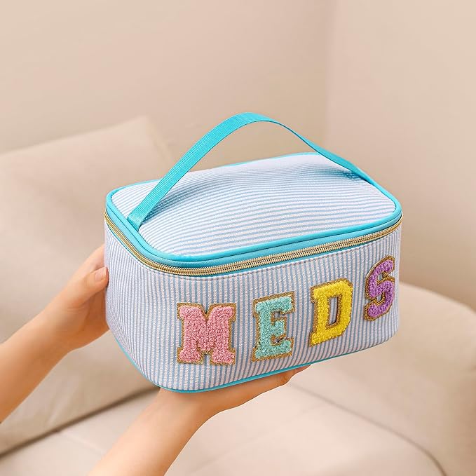 Chenille Letter MEDS Makeup Bag,Large Size Striped Medicine RX Cosmetic Bag with Top Handle, Aesthetic Seersucker First Aid Travel Organizer Bag for Women Girls(01Blue)
