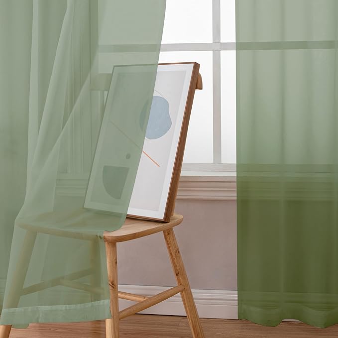 Simplebrand Sage Sheer Curtains 96 Inches Long, Light Filtering Rod Pocket Solid Color Window Sheer Curtain Panels, Elegant Curtains & Drapes for Living Room, Bedroom 2 Panels (Sage, 42" W x 96" L)