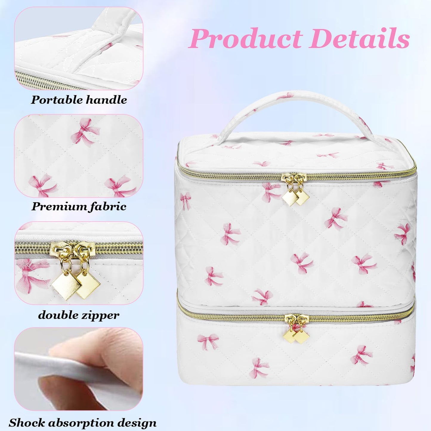 PU Leather Nail Polish Organizer and Nail Lamp Case, Nail Kit Organizer Holds 30+ Bottles (15ml - 0.5 fl.oz) and a Nail Lamp, Nail Polish Carrying Case with Manicure Tools Storage Sections (Pink Bow)