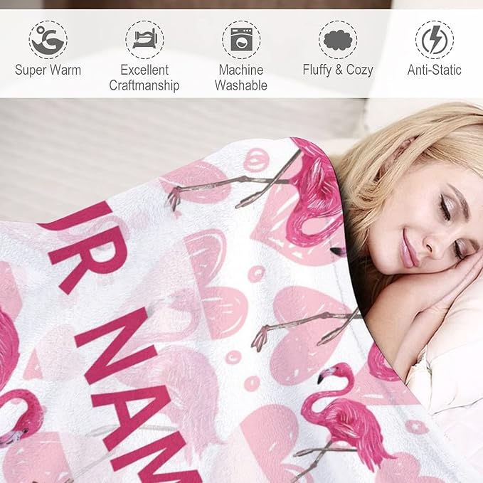 Custom Flamingo Blanket Gifts with Name - 50 x 60 Inches Cute Flamingo Throw for Teens - Light Pink Fluffy Warm Cozy Blankets for Couch