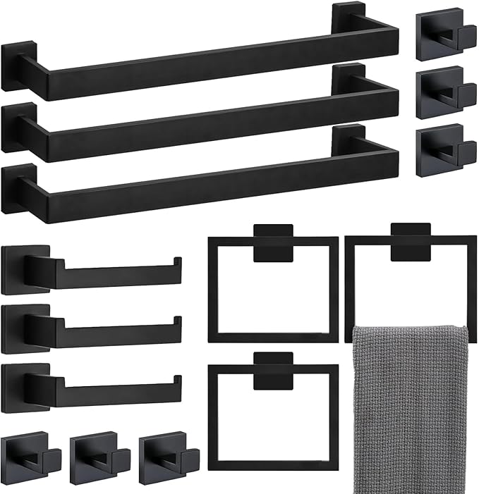 15 Pieces 23.6-Inch Bathroom Hardware Accessories Set,Black TStainless Steel Bathroom Hardware Set,Bath Towel Bar Kit