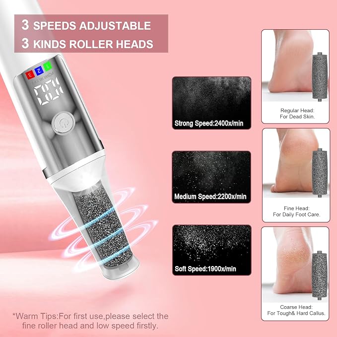 Electric Foot Callus Remover,3 Rollers,3 Speeds, Professional Electric Foot File Pedicure Tool Foot Scrubber for Feet Dead Skin,Smooth Pedicure Wand Feet Spa Care Kit for Men & Women,Ideal Gift