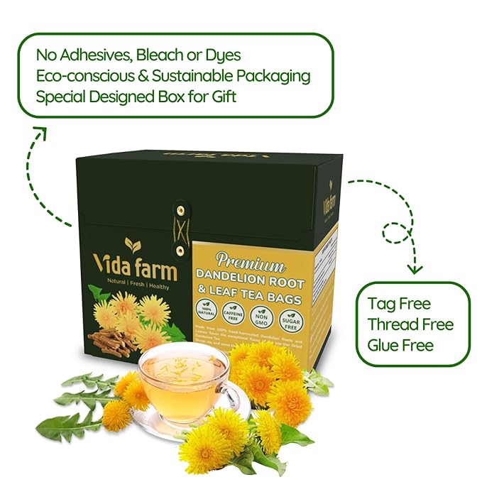 VIDA FARM 125 Dandelion Tea Bags - 100% Natural Dandelion Leaf & Root, Sugar Free, Caffeine Free, Non-GMO - Premium Dandelion Root Herbal Tea, Smooth Taste