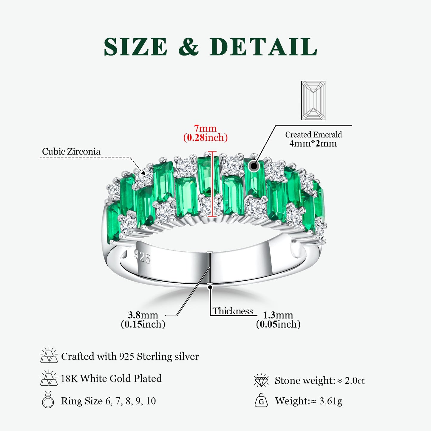 RANDES Emerald Rings for Women Engagement Eternity Band 7mm Emerald Cut Green Stone Ring for Wedding Anniversary Size 6