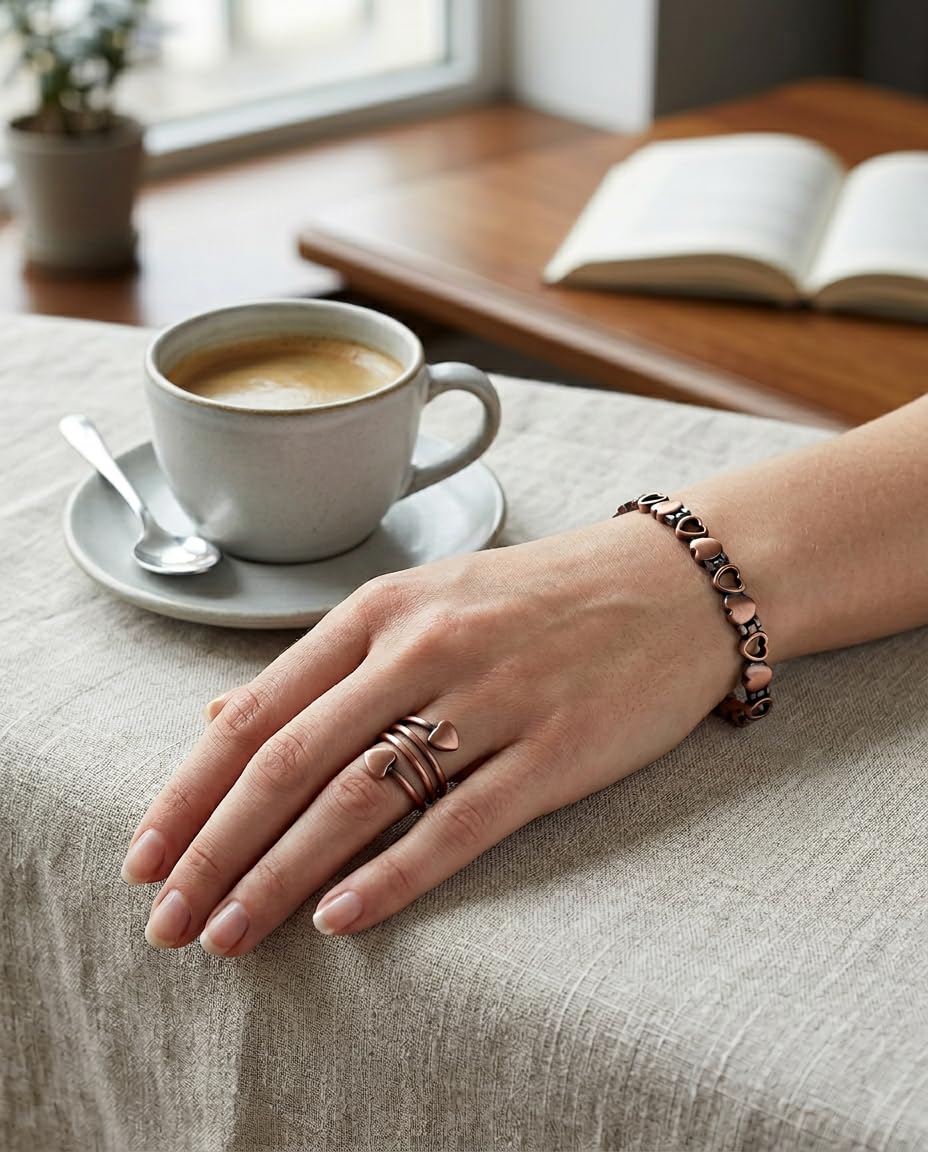 MagEnergy Copper Bracelet for Women, 99.99% Pure Solid Copper Bracelet with 3500 Gauss Magnetic, Adjustable, Jewelry Gift (Copper-Heart+Ring/A)