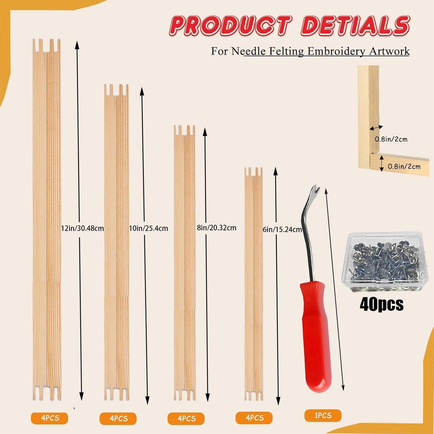 16 Pcs 4 Sets Stretcher Bars for Needlework Canvas Stretcher Bars 10 Different Size Combinations Embroidery Stretcher Bars for Cross Stitch Frame Set with Thumbtack and Remover Tool(Small Size)