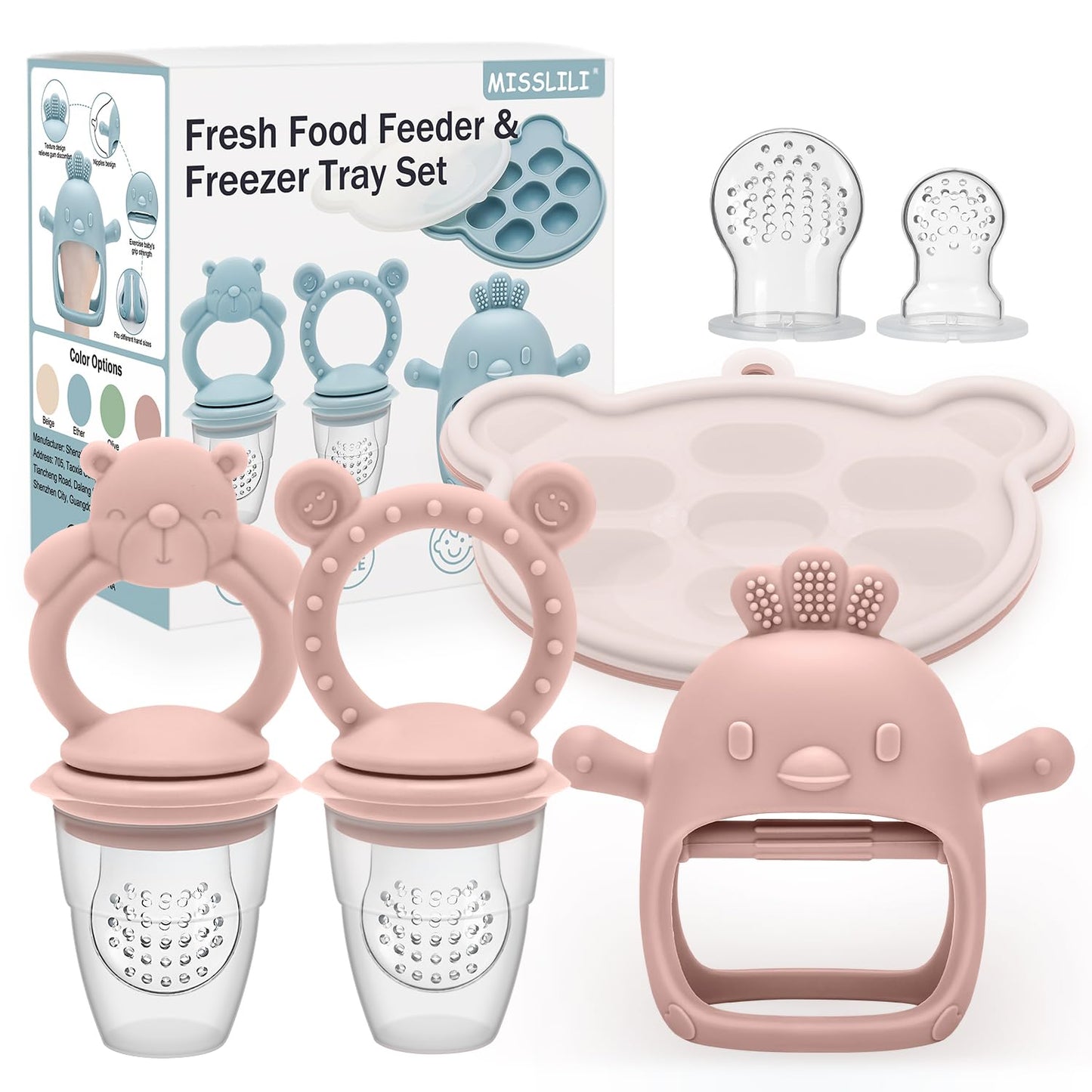 MISSLILI Baby Silicone Fruit Food Feeder Pacifier & Breastmilk Popsicle Freezer Molds,BPA Free Baby Food Storage Containers Frozen Ice Tray for Baby Feeding Safely, Infant Fruit Teething Toy (Pink)