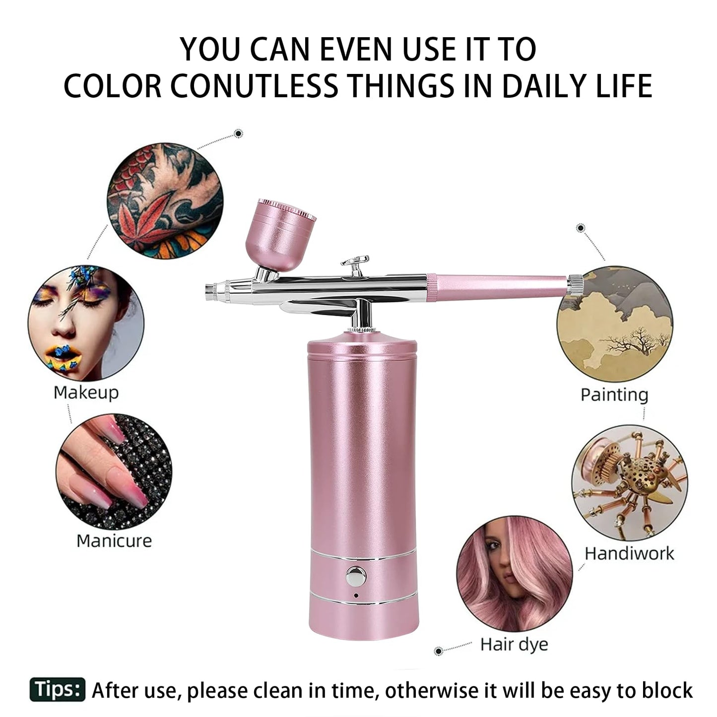 Airbrush Kit Air Brush Kit With Air Compressor Nail Charms Wireless Air Brush for Barber, Nail Art, Makeup, Model Painting (Pink - with extension tube)