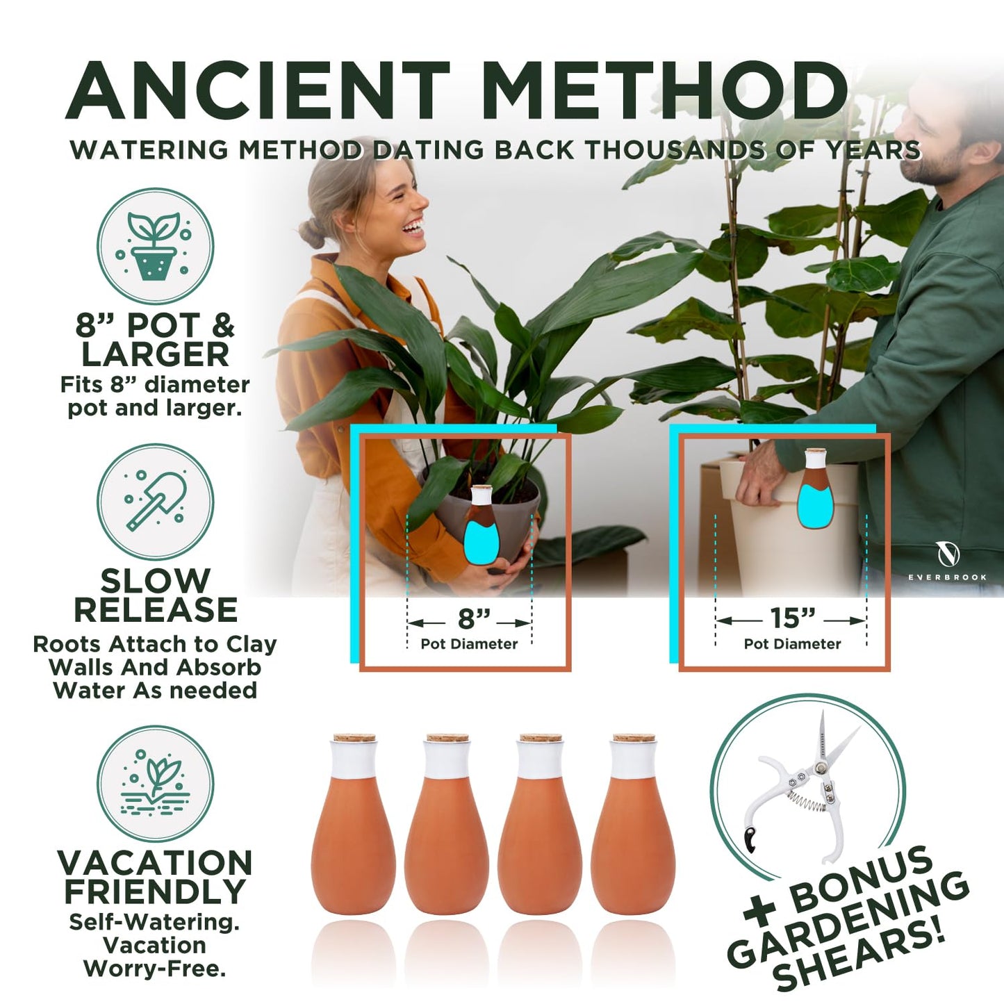 Everbrook Plant Self Watering Globes - Terracotta Watering Spikes - Slow Release Olla Watering Pots - Drip Irrigiation Olla System